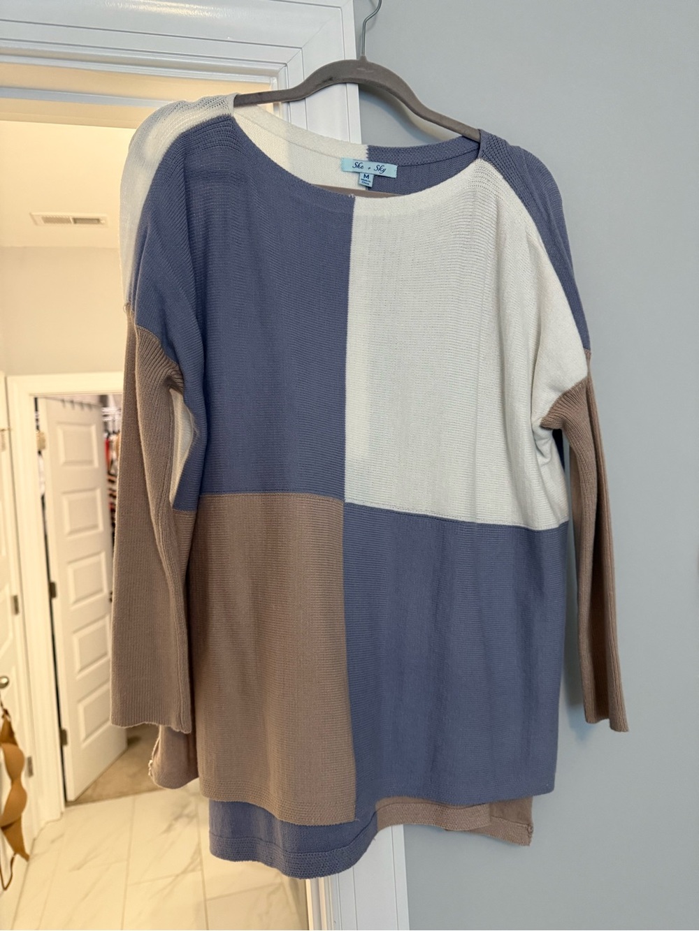 Vici Colorblock Crewneck Sweater in Blue, Cream & Brown